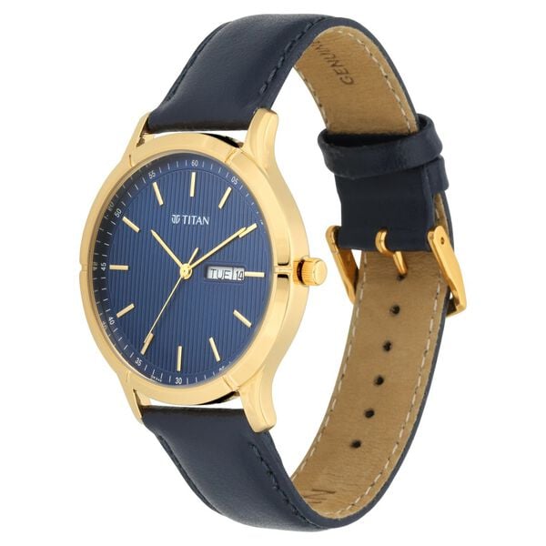 Titan 1775YL02 Blue Dial Analog Watch for Men – Black Leather Strap, Quartz Movement