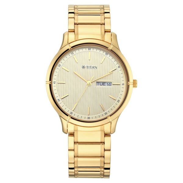 Titan Lagan Analog Watch 1775YM02 Men’s Yellow Dial Gold Stainless Steel Strap Quartz Analog Watch – Day & Date, Round Metal Case