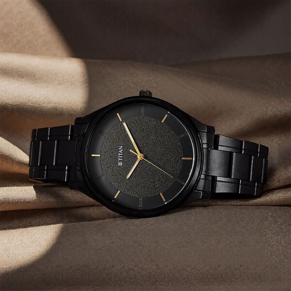 Titan 1802NM01 Men’s Black-Dial Analog Watch with Black Stainless Steel Strap