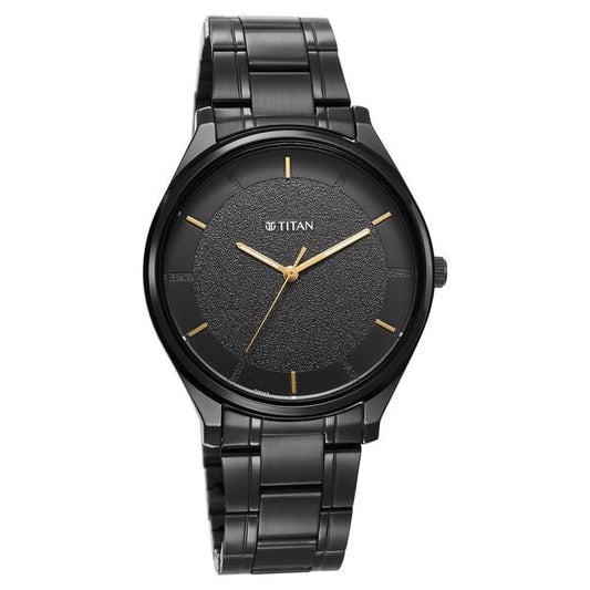 Titan 1802NM01 Men’s Black-Dial Analog Watch with Black Stainless Steel Strap