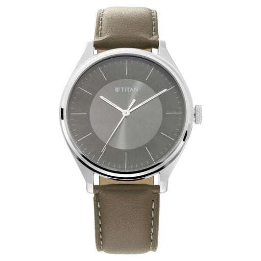 Titan 1802SL08 Grey Dial Analog Watch for Men – Brown Leather Strap, Quartz Movement