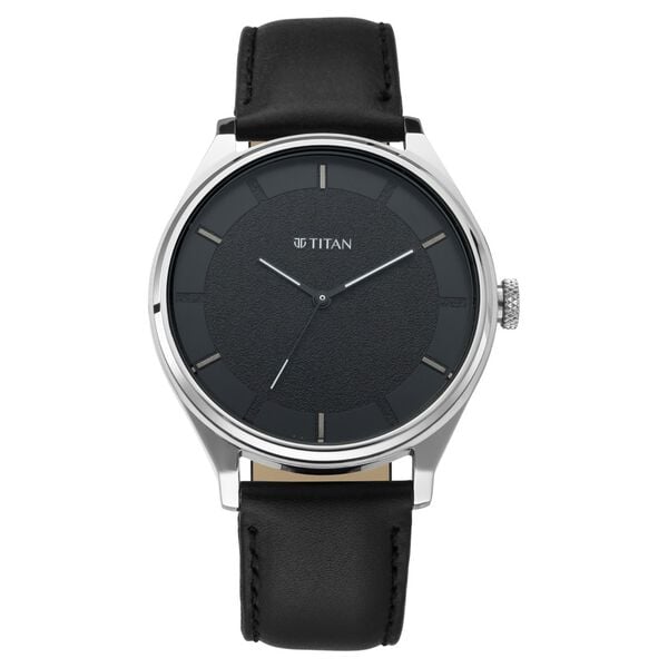 Titan 1802SL11 Men’s Black Dial Black Leather Strap Quartz Analog Watch – Round Metal Case, Mineral Glass, 50 m Water‑Resistant