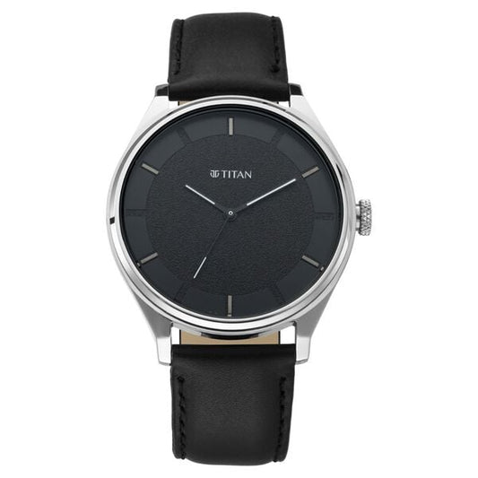 Titan 1802SL11 Men’s Black Dial Black Leather Strap Quartz Analog Watch – Round Metal Case, Mineral Glass, 50 m Water‑Resistant