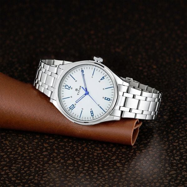 Titan 1802SM01 White Dial Analog Watch for Men – Silver Stainless Steel Strap, Quartz Movement