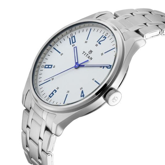 Titan 1802SM01 White Dial Analog Watch for Men – Silver Stainless Steel Strap, Quartz Movement