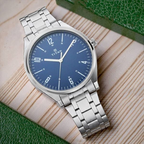 Titan 1802SM02 Blue Dial Analog Watch for Men – Silver Stainless Steel Strap, Quartz Movement