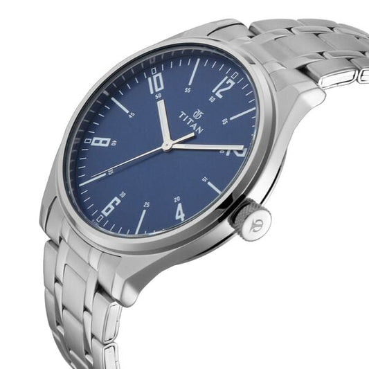Titan 1802SM02 Blue Dial Analog Watch for Men – Silver Stainless Steel Strap, Quartz Movement