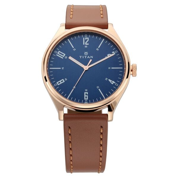 Titan 1802WL01 Blue Dial Analog Watch for Men – Brown Leather Strap, Quartz Movement