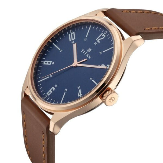 Titan 1802WL01 Blue Dial Analog Watch for Men – Brown Leather Strap, Quartz Movement