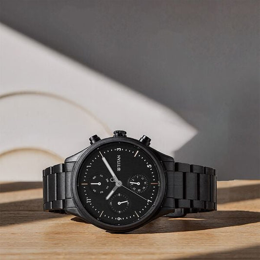 Titan NR1803NM01 Men’s Quartz Multifunction Stainless Steel Black Dial Watch