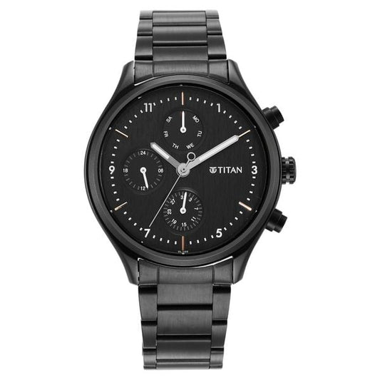 Titan 1803NM01 Black Dial Analog Quartz Multifunction Stainless Steel Men’s Watch – Black Band, Round Case