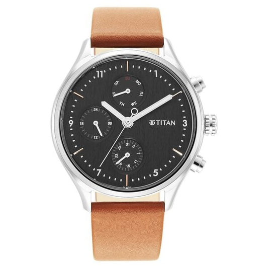 Titan 1803SL02 Black Dial Multifunction Analog Watch for Men – Brown Leather Strap, Quartz Movement