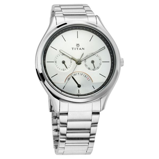 Titan NP1803SM01 Men’s Quartz Multifunction Silver Dial Analog Stainless Steel Watch