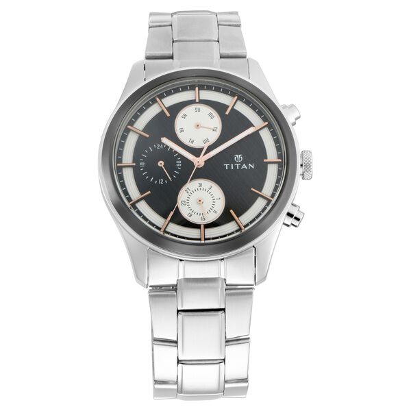 Titan – 1805KM01 Quartz Analog Men’s Watch with Black Dial, Day & Date & Silver Stainless Steel Strap