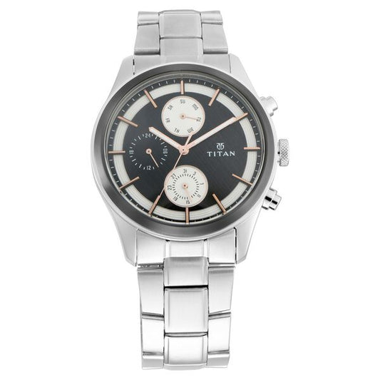 Titan – 1805KM01 Quartz Analog Men’s Watch with Black Dial, Day & Date & Silver Stainless Steel Strap