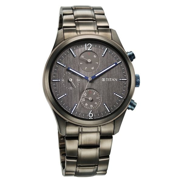 Titan 1805KM07 Anthracite Dial Multifunction Analog Watch for Men – Grey Stainless Steel Bracelet, Quartz Movement, Mineral Glass, Round Metal Case