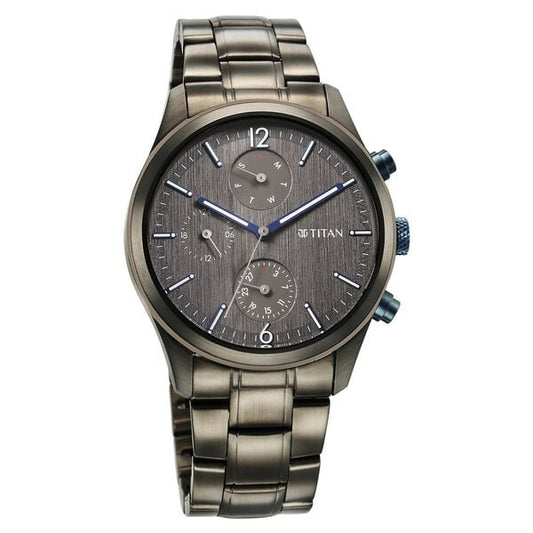 Titan 1805KM07 Anthracite Dial Multifunction Analog Watch for Men – Grey Stainless Steel Bracelet, Quartz Movement, Mineral Glass, Round Metal Case