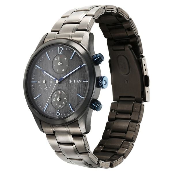 Titan 1805KM07 Anthracite Dial Multifunction Analog Watch for Men – Grey Stainless Steel Bracelet, Quartz Movement, Mineral Glass, Round Metal Case