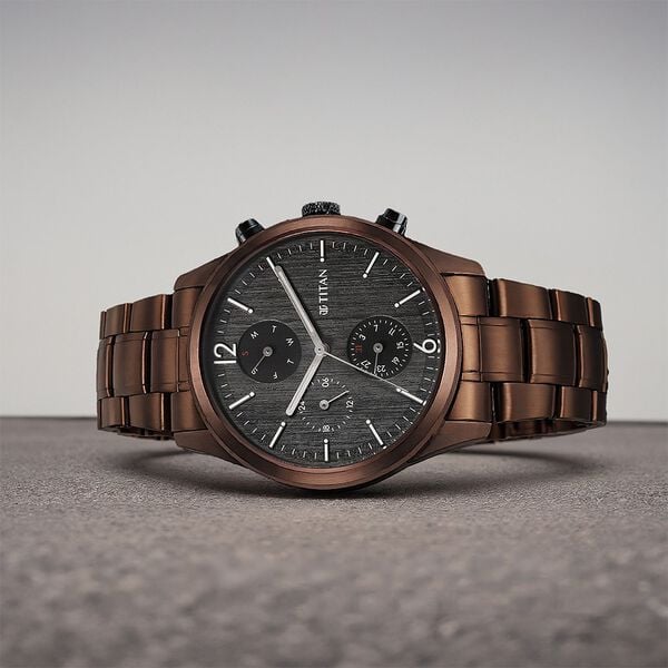 Titan 1805KM08 Analog Quartz Men’s Watch with Black Dial and Brown Stainless Steel Strap