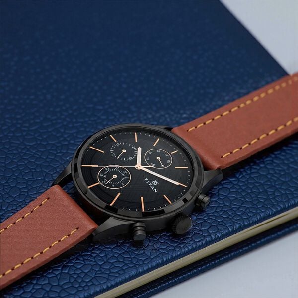 Titan 1805NL01 Men’s Black Dial Brown Leather Strap Quartz Multifunction Analog Watch – Round Metal Case, Mineral Glass, 50 m Water‑Resistant