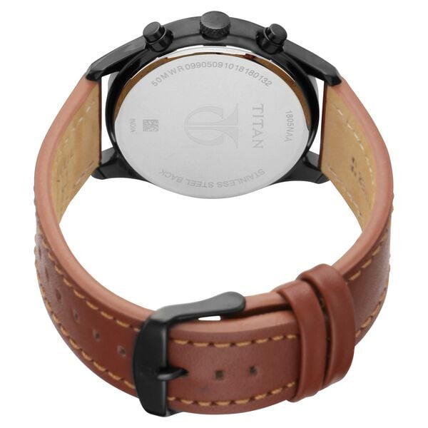 Titan 1805NL01 Men’s Black Dial Brown Leather Strap Quartz Multifunction Analog Watch – Round Metal Case, Mineral Glass, 50 m Water‑Resistant