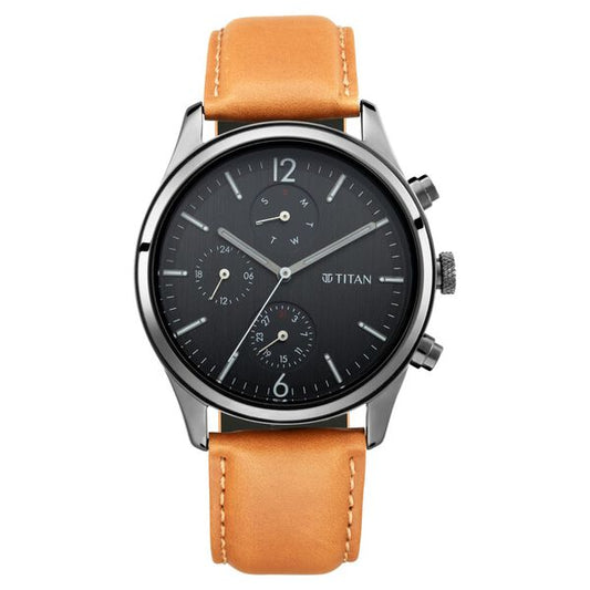 Titan 1805NL02 Men’s Quartz Analog Black Dial Tan Leather Strap Multifunction Watch