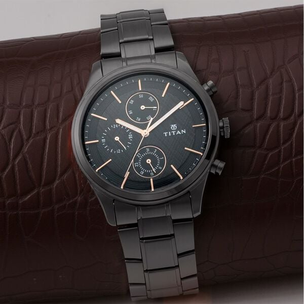 Titan 1805NM01 Men’s Multifunction Analog Watch | Black Dial & Black Metal Strap | Quartz Watch