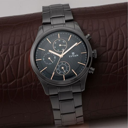 Titan 1805NM01 Men’s Multifunction Analog Watch | Black Dial & Black Metal Strap | Quartz Watch