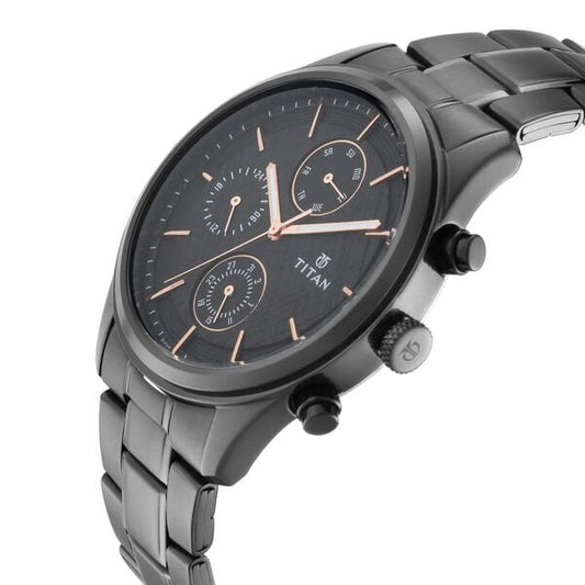 Titan 1805NM01 Men’s Multifunction Analog Watch | Black Dial & Black Metal Strap | Quartz Watch