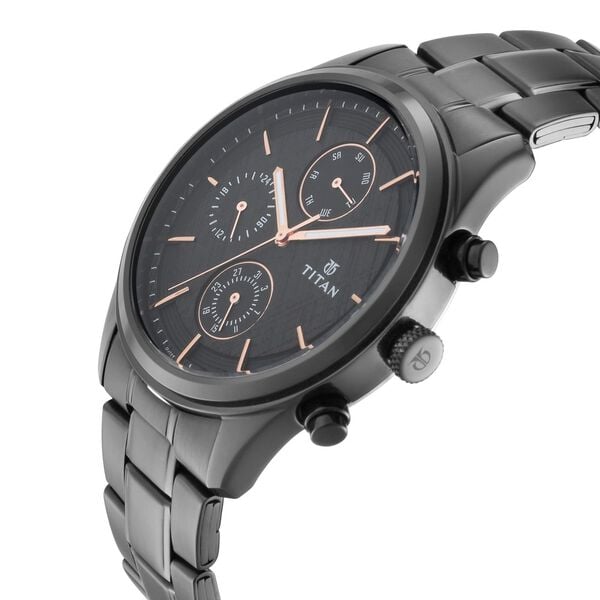 Titan 1805NM01 Men’s Multifunction Analog Watch | Black Dial & Black Metal Strap | Quartz Watch