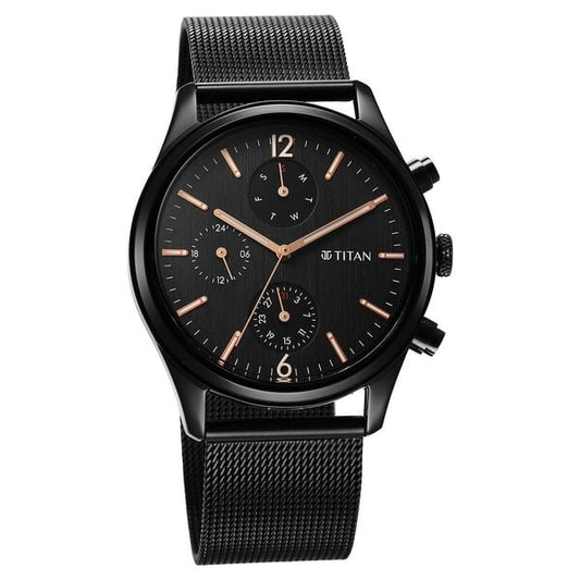 Titan 1805NM05 Men’s Black-Dial Day & Date Stainless Steel Watch