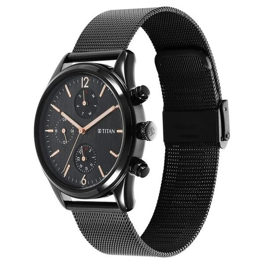 Titan 1805NM05 Men’s Black-Dial Day & Date Stainless Steel Watch