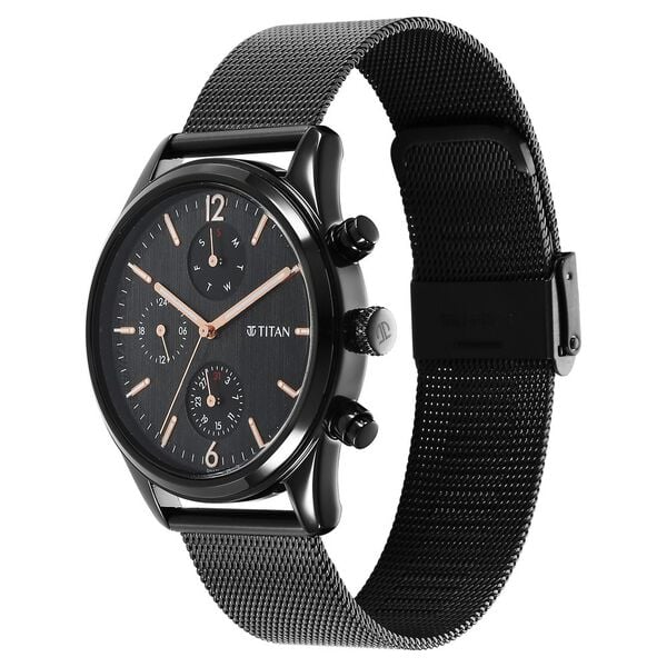 Titan 1805NM05 Men’s Black Dial Black Stainless Steel Strap Quartz Analog Watch – Day & Date, Round Metal Case, 3‑Piece Sliding Clasp