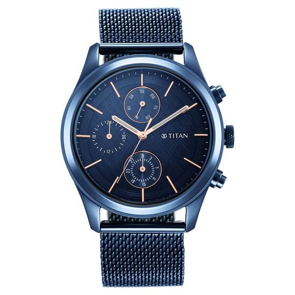 Titan 1805QM02 Men’s Blue Dial Blue Mesh Stainless Steel Strap Quartz Analog Multifunction Watch – Round Metal Case, Date & 24‑Hr Sub‑dials, Mineral Glass