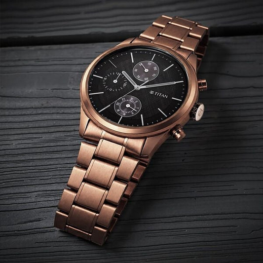 Titan 1805QM04 Men’s Analog Watch | Black Dial & Brown‑Metal Strap | Quartz Multifunction