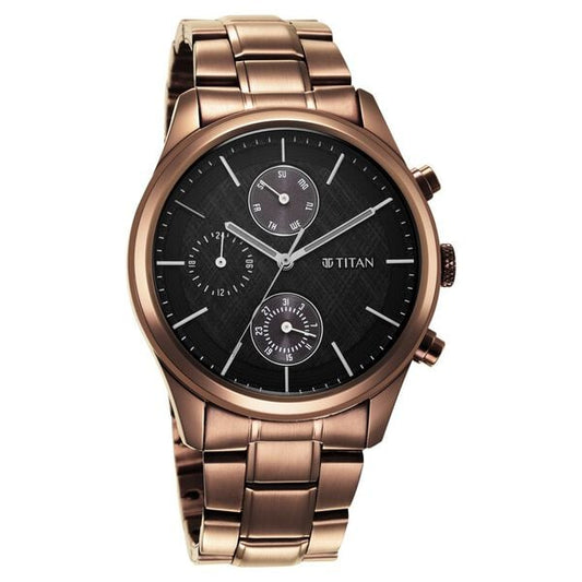 Titan 1805QM04 Men’s Analog Watch | Black Dial & Brown‑Metal Strap | Quartz Multifunction