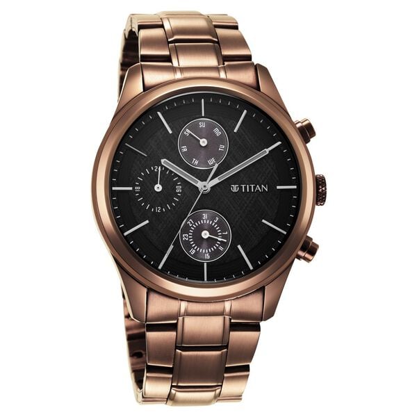 Titan 1805QM04 Men’s Analog Watch | Black Dial & Brown‑Metal Strap | Quartz Multifunction
