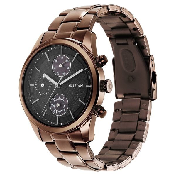 Titan 1805QM04 Men’s Analog Watch | Black Dial & Brown‑Metal Strap | Quartz Multifunction