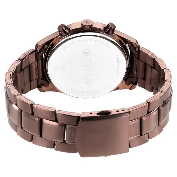 Titan 1805QM04 Men’s Analog Watch | Black Dial & Brown‑Metal Strap | Quartz Multifunction
