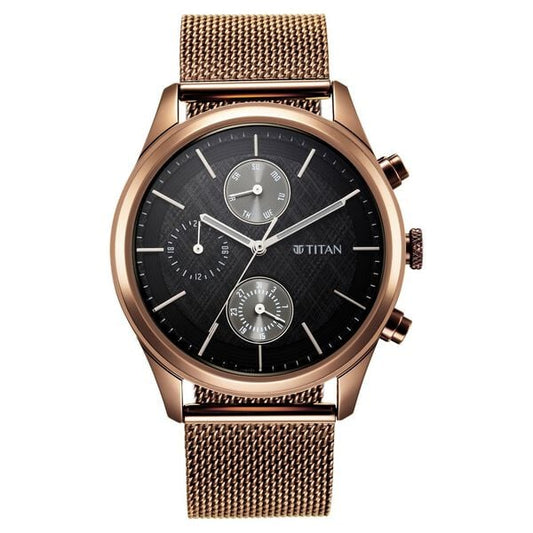 Titan 1805QM05 Men’s Analog Watch | Black Dial & Brown Stainless‑Steel Strap | Quartz Date Watch