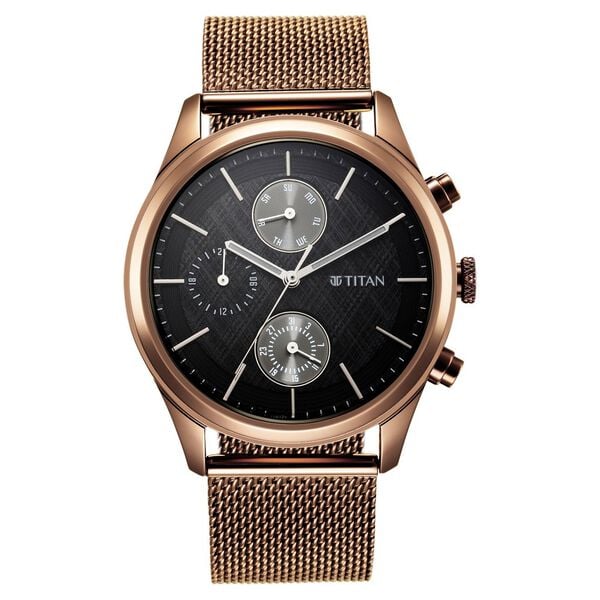 Titan 1805QM05 Men’s Analog Watch | Black Dial & Brown Stainless‑Steel Strap | Quartz Date Watch