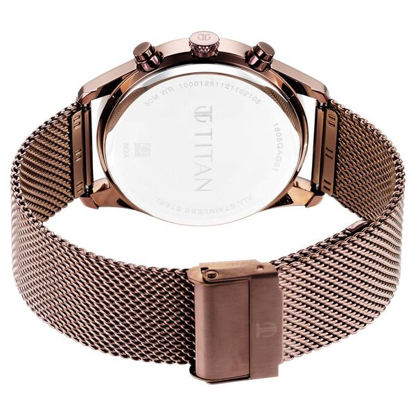 Titan 1805QM05 Men’s Analog Watch | Black Dial & Brown Stainless‑Steel Strap | Quartz Date Watch