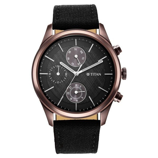 Titan NS1805QP01 Men’s Quartz Analog Watch with Black Dial & Black Strap