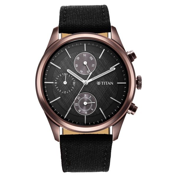 Titan 1805QP01 Men’s Black Dial Black Fabric Strap Quartz Analog Multifunction Watch – Round Metal Case, Day & Date & 24‑Hr Subdials, Mineral Glass