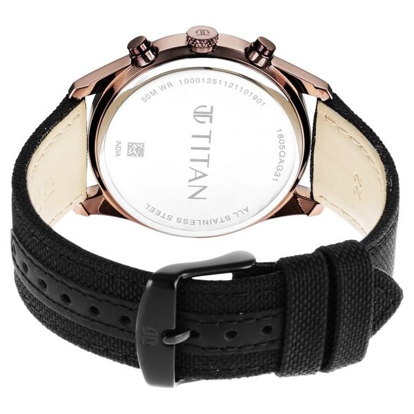 Titan 1805QP01 Men’s Black Dial Black Fabric Strap Quartz Analog Multifunction Watch – Round Metal Case, Day & Date & 24‑Hr Subdials, Mineral Glass