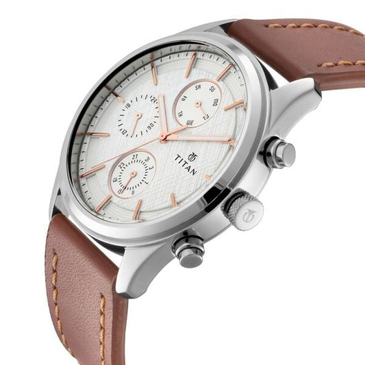 Titan 1805SL01 Men’s White Dial Brown Leather Strap Quartz Multifunction Analog Watch – Round Metal Case, Day/Date/24‑Hr Sub‑dials, Mineral Glass, Water‑Resistant