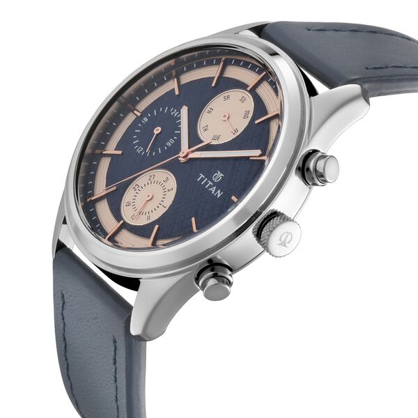 Titan 1805SL02 Men’s Quartz Multifunction Analog Blue Dial Watch with Blue Leather Strap