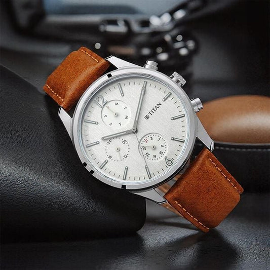 Titan 1805SL04 Men’s Quartz Analog Watch with White Dial & Brown Leather Strap