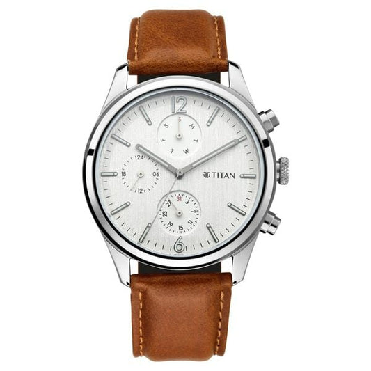 Titan 1805SL04 Men’s White Dial Brown Leather Strap Quartz Analog Watch – Round Metal Case, Mineral Glass, 50 m Water‑Resistant Multifunction