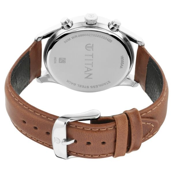 Titan 1805SL04 Men’s White Dial Brown Leather Strap Quartz Analog Watch – Round Metal Case, Mineral Glass, 50 m Water‑Resistant Multifunction